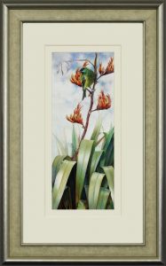Bellbird framed - Watercolor on Arches 300 gsm Hot Pressed paper Size: 19″ x 7 1/2″