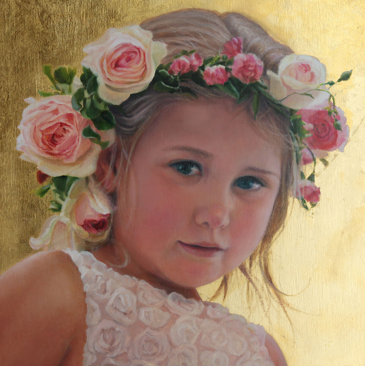 Original oil painting on 24 carat gold leaf on poplar wood panel. A garland of pink and cream roses crown her head - a celebration of summer. The painting style is a fusion of realism, surrealism, symbolism and impressionism. Rose: The Eden Rose - aka 'Pierre de Ronsard'
