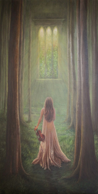 Girl with violin in forest